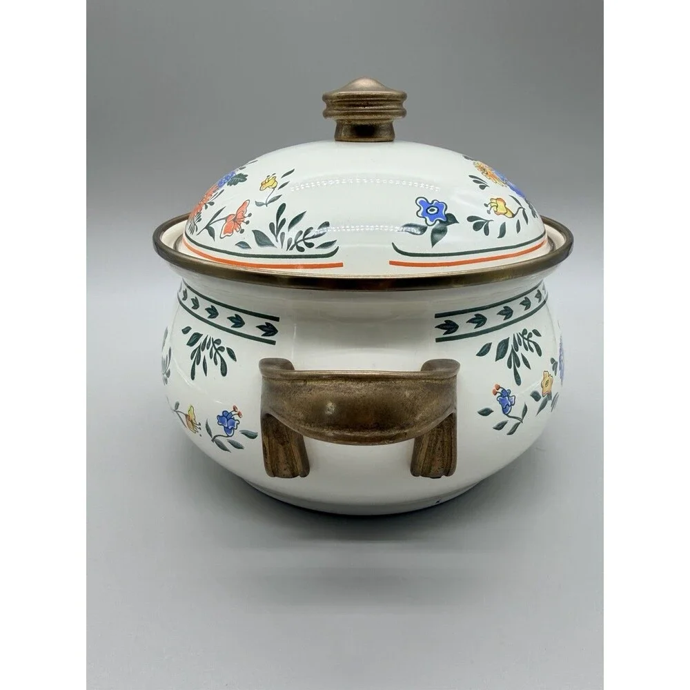 Vintage 1983 Kamenstein Enamelware Dutch Oven Cookware Floral 2 Qt Brass Handles